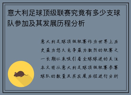 意大利足球顶级联赛究竟有多少支球队参加及其发展历程分析