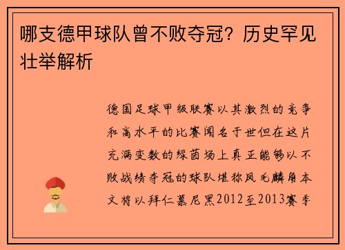 哪支德甲球队曾不败夺冠？历史罕见壮举解析