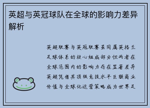 英超与英冠球队在全球的影响力差异解析